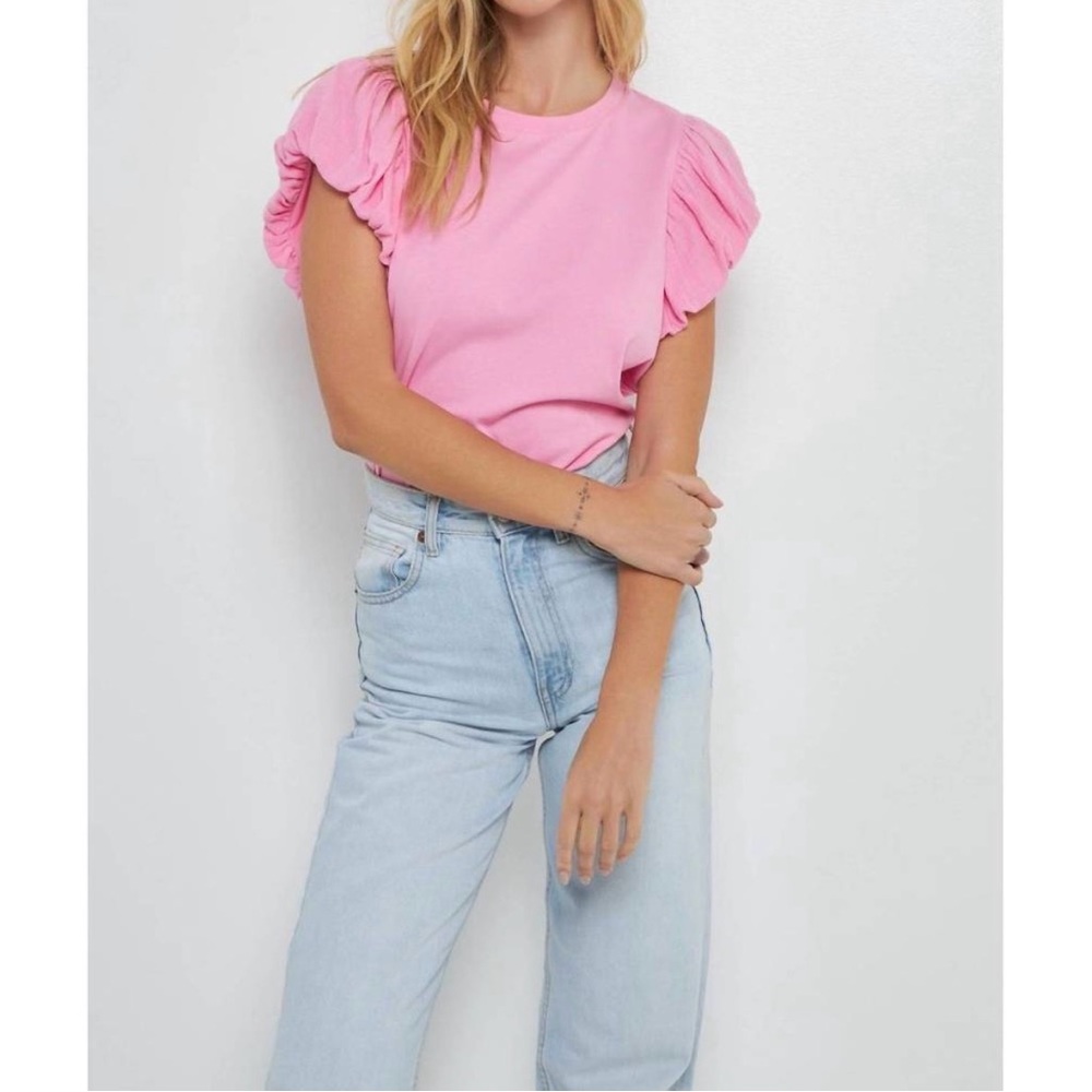 English Factory Pink Puff Sleeve Top Size Medium Ruffle Sleeve Blouse